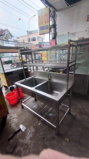 thanh lý chậu rửa 2 ngăn có kệ inox 201